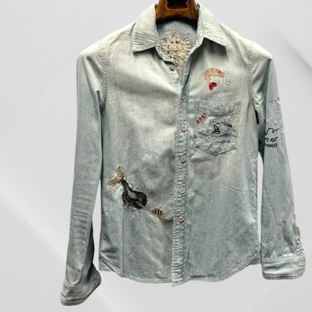 MOTHER Foxy Boxy Buried Treasure Embroidered Shirt Denim Indigo In Blue S Small - Picture 4 of 9